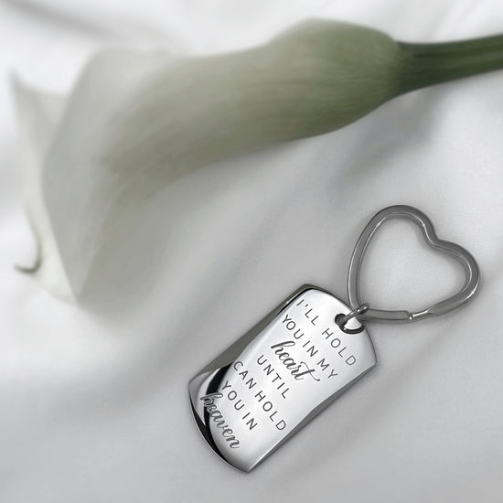 Personalized Pops memorial dog tag keychain video showing custom handprint engraving and “I’ll hold you in my heart until I can hold you in heaven” message