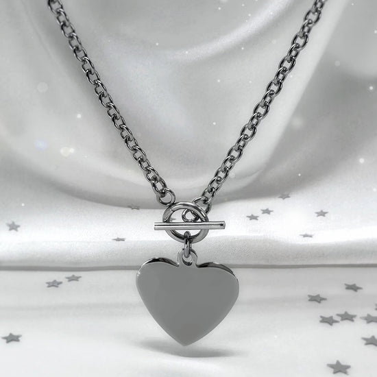 Personalized toggle clasp heart necklaces with custom photo, fingerprint, handwriting, and message engraving