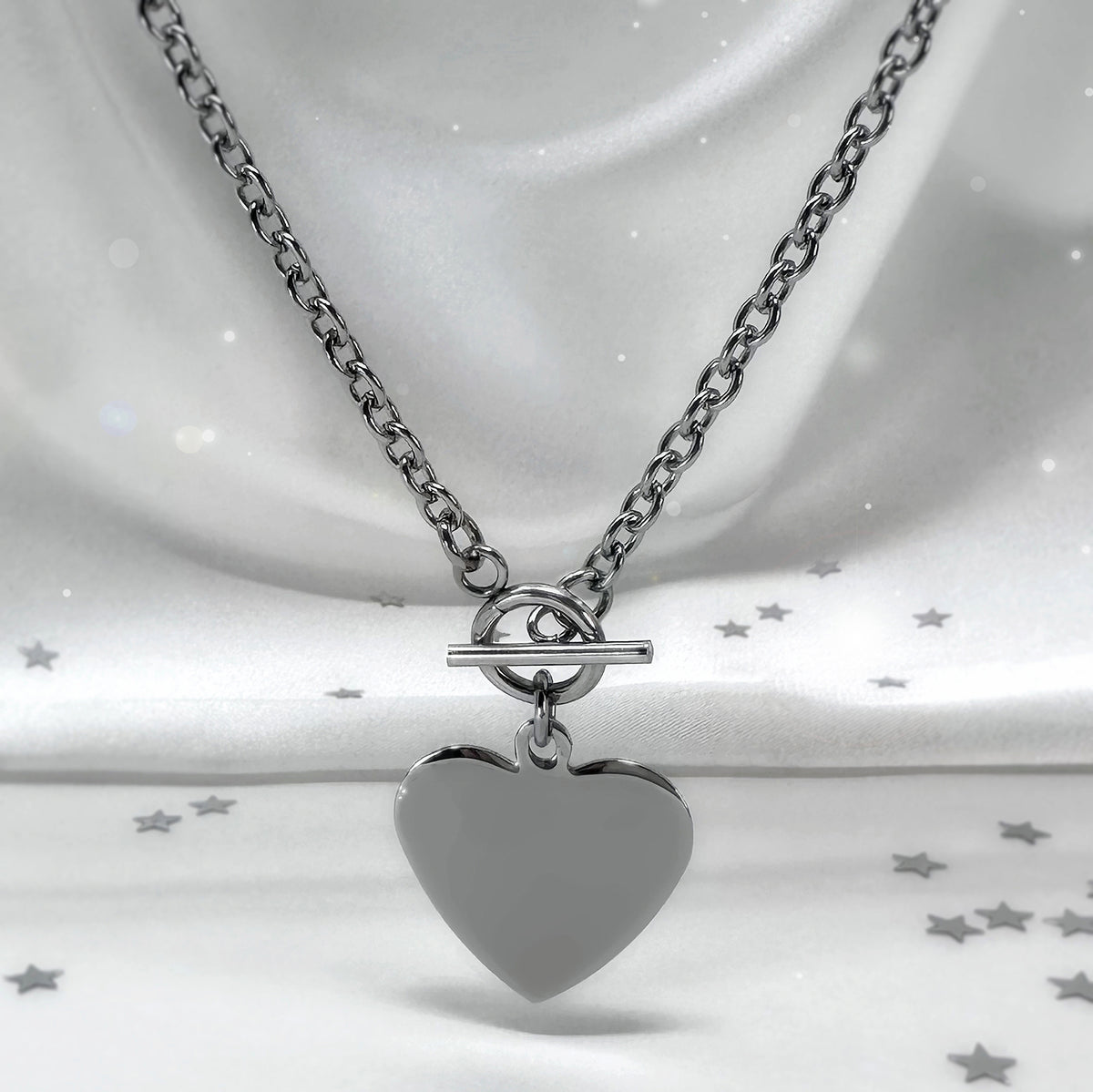 Personalized toggle clasp heart necklaces with custom photo, fingerprint, handwriting, and message engraving