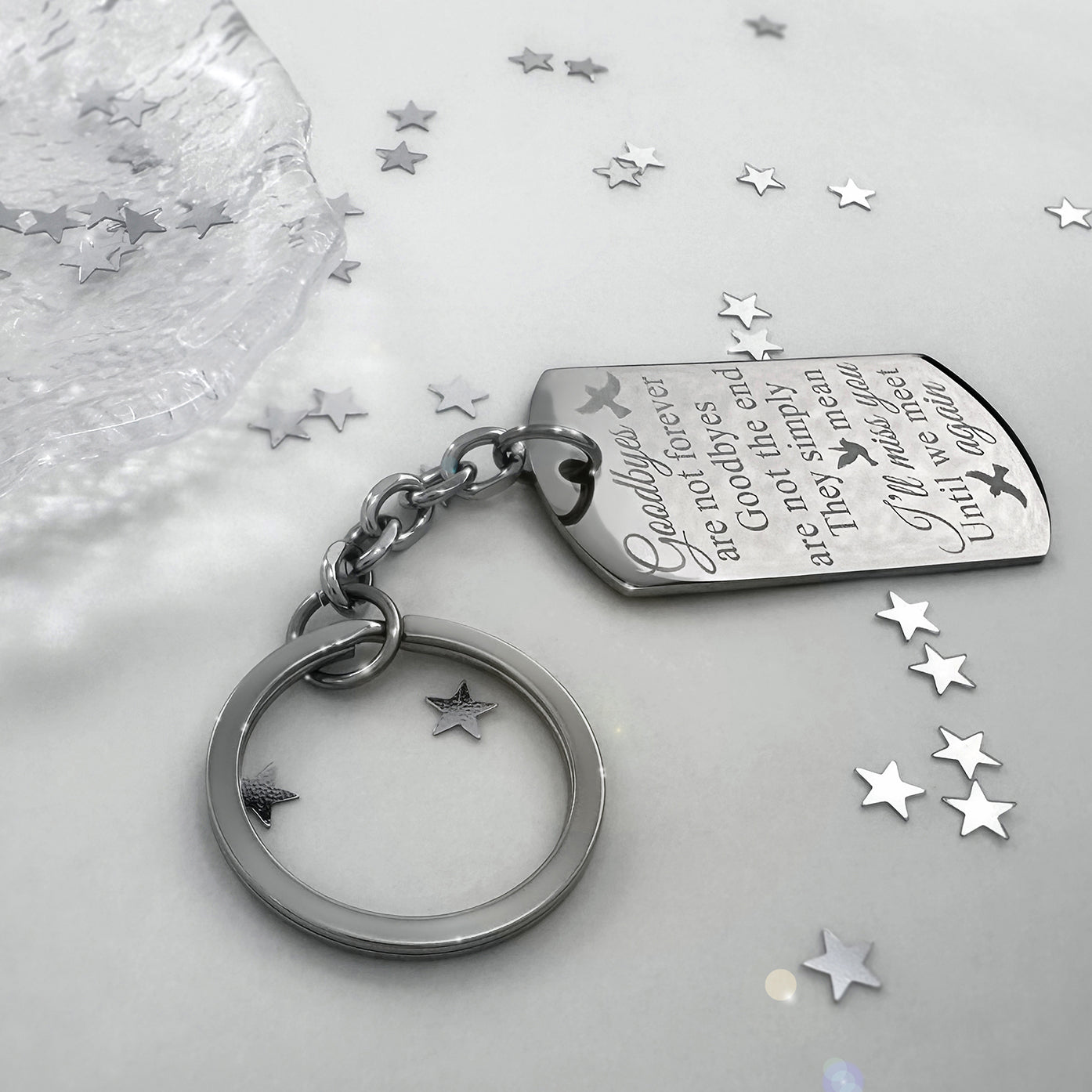 Personalized sibling memorial dog tag keychain video showing custom photo engraving and “Goodbyes are not forever, goodbyes are not the end” remembrance message