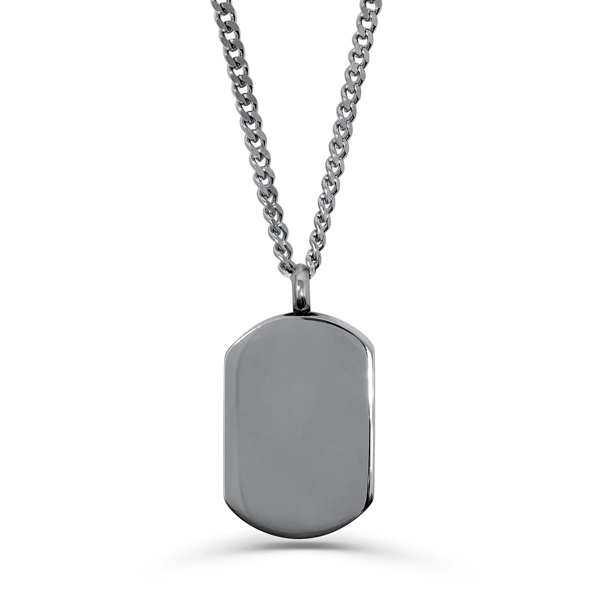 Blank polished stainless steel dog tag urn necklace ready for custom photo, fingerprint, handwriting, or message engraving