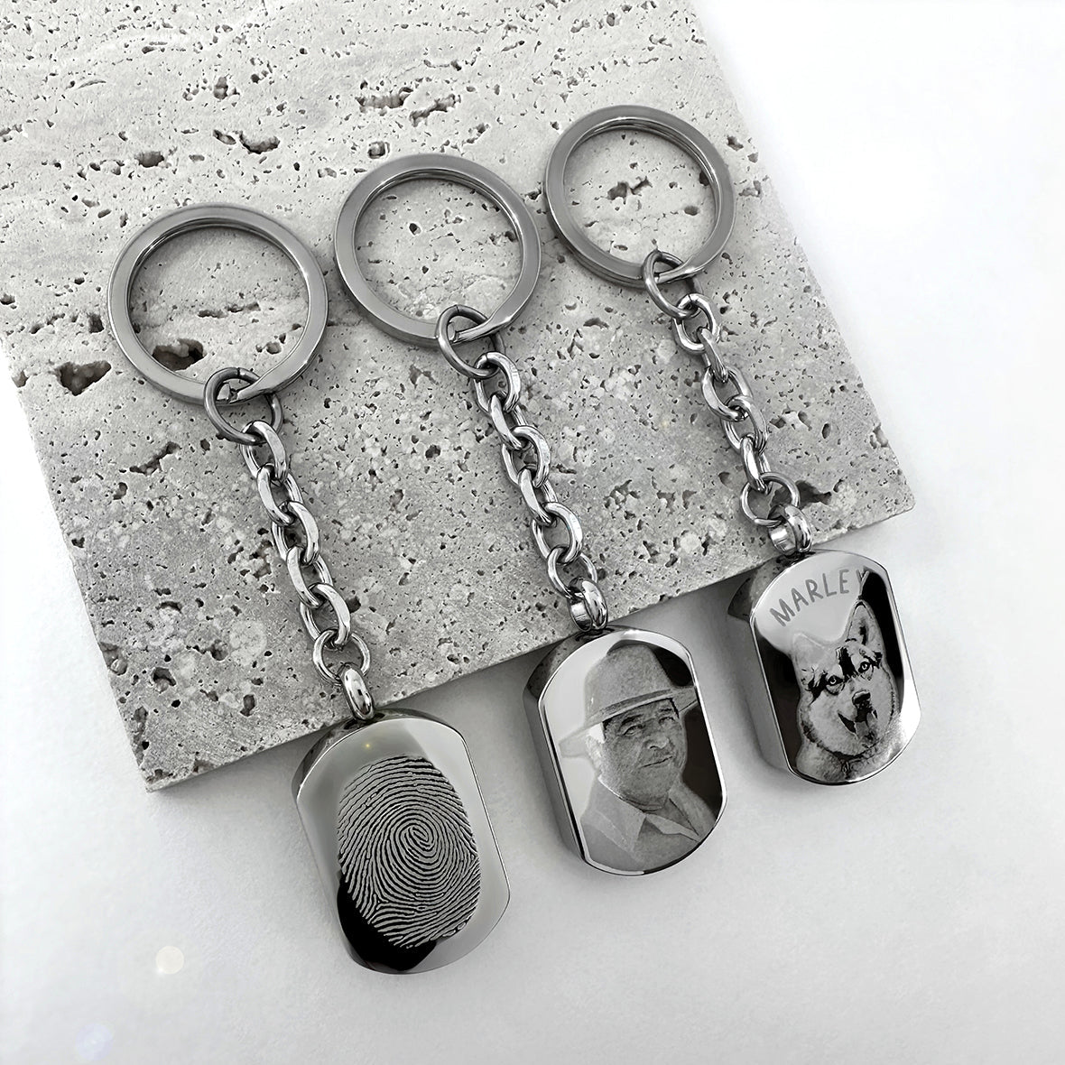 Personalized dog tag urn keychain examples with custom fingerprint, photo portrait and pet picture engraving