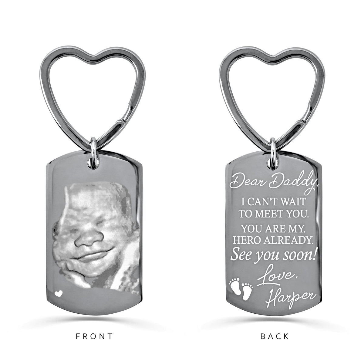 Personalized ultrasound dog tag keychain with heart-shaped keyring showing a custom 3D sonogram image on the front and “Dear Daddy, I can’t wait to meet you” message on the back
