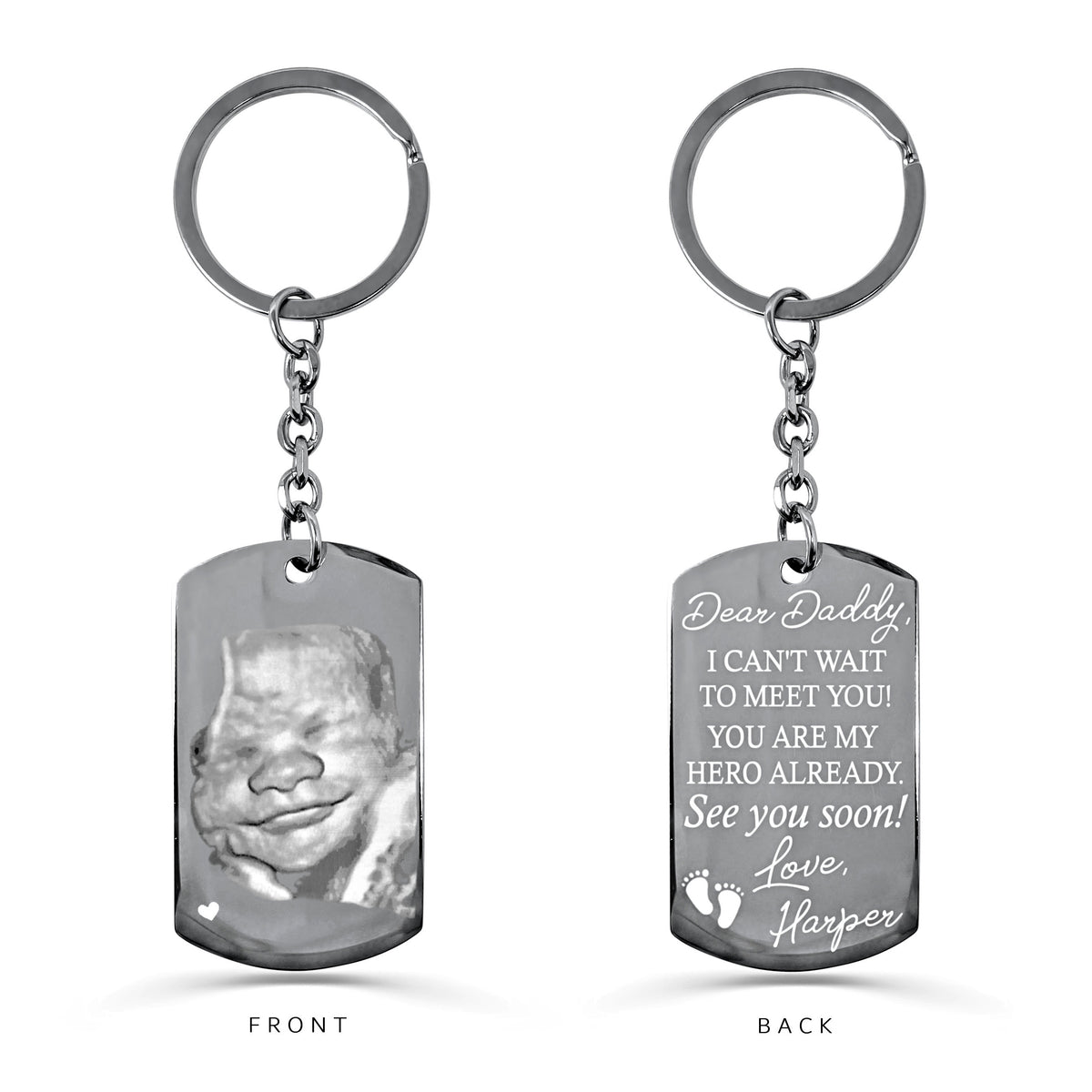 Custom sonogram dog tag keychain with round keyring featuring ultrasound photo on the front and a personalized pregnancy announcement message for Dad on the back