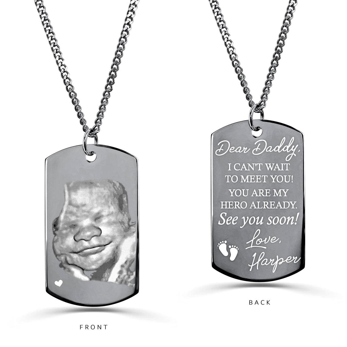 Personalized ultrasound dog tag necklace with 3D sonogram image and “Dear Daddy, I can’t wait to meet you” message