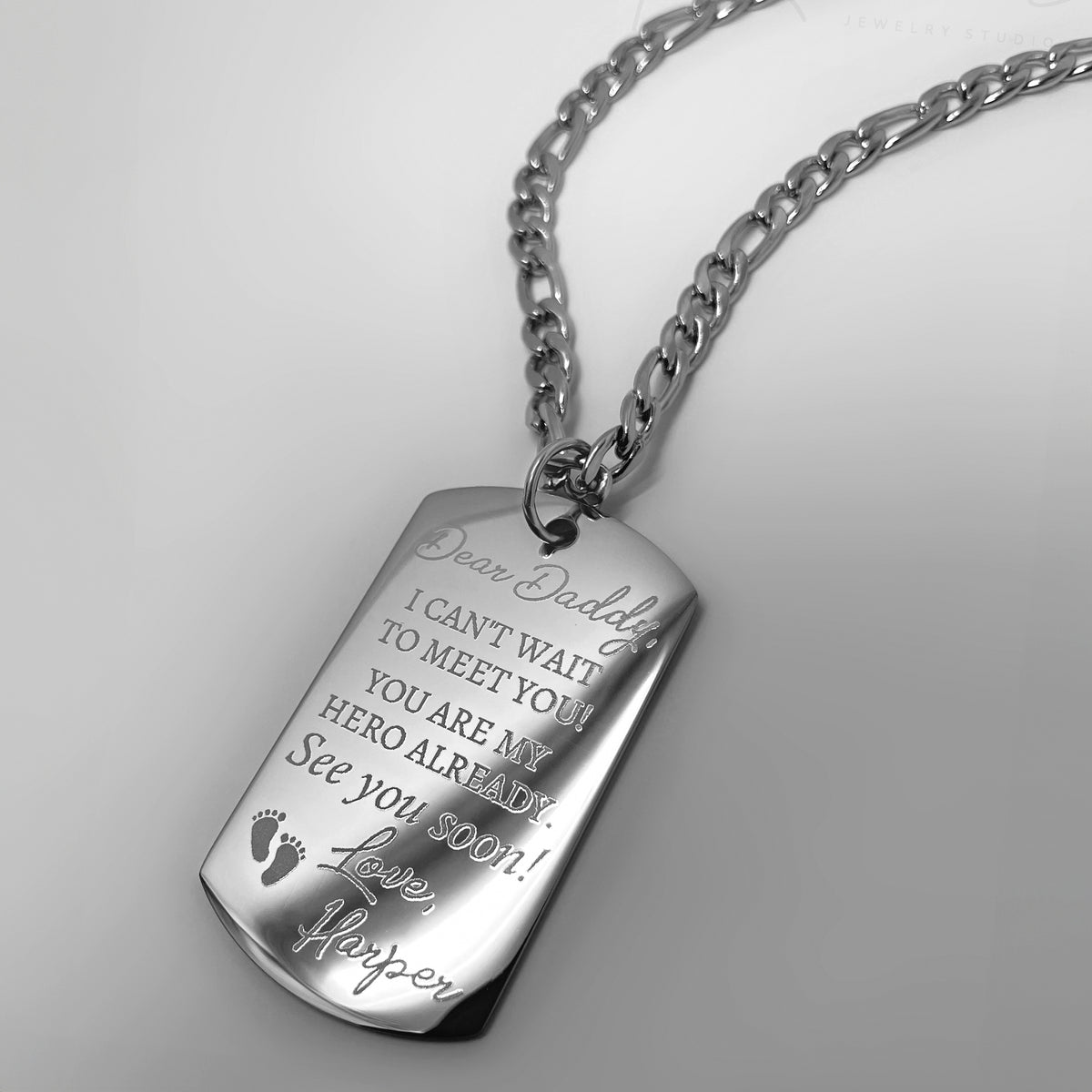 Pregnancy announcement dog tag necklace engraved with custom “Dear Daddy, I can’t wait to meet you, you are my hero already” saying