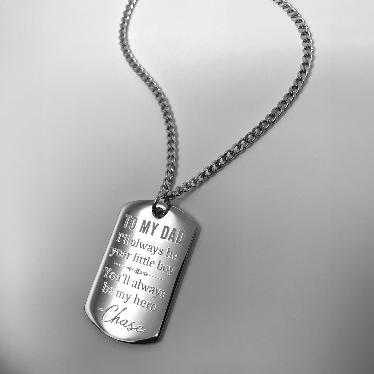 Small dog tag necklace engraved with a sentimental personalized “To my Dad” Father's Day design